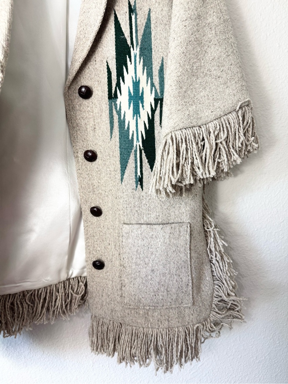 Ortega’s Wool Tan Fringe Coat Cape Poncho Size Medium - Picture 5 of 7
